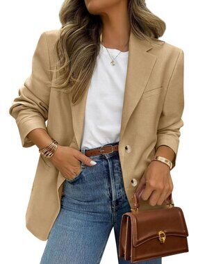 Women's Khaki Polyester Casual Long Sleeve Open Front Suit Work Blazer Jacket